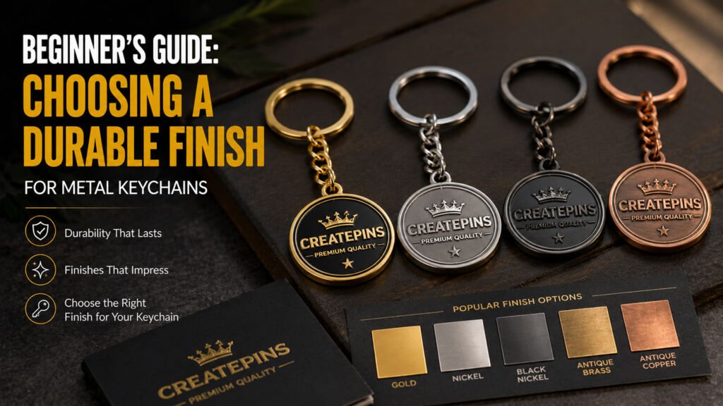 Beginner’s guide to choosing a durable finish for metal keychains, featuring gold, silver, black nickel, antique brass, and copper finishes