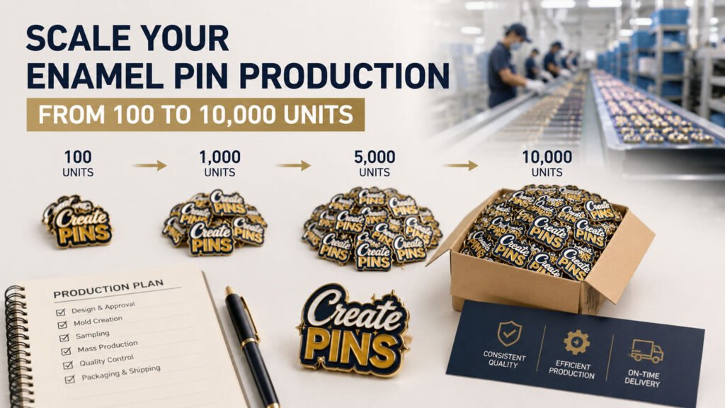 Premium realistic enamel pin manufacturing scene showing how production scales from 100 to 10,000 units, with increasing pin quantities, mass production equipment, quality control, packaging, and shipping.